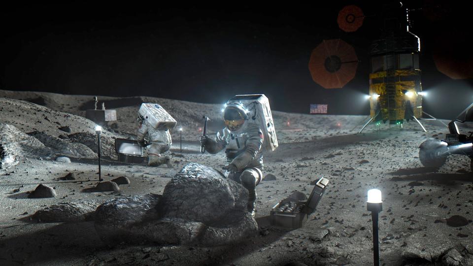 An artist's illustration depicts NASA astronauts on the moon. - Copyright: NASA via AP
