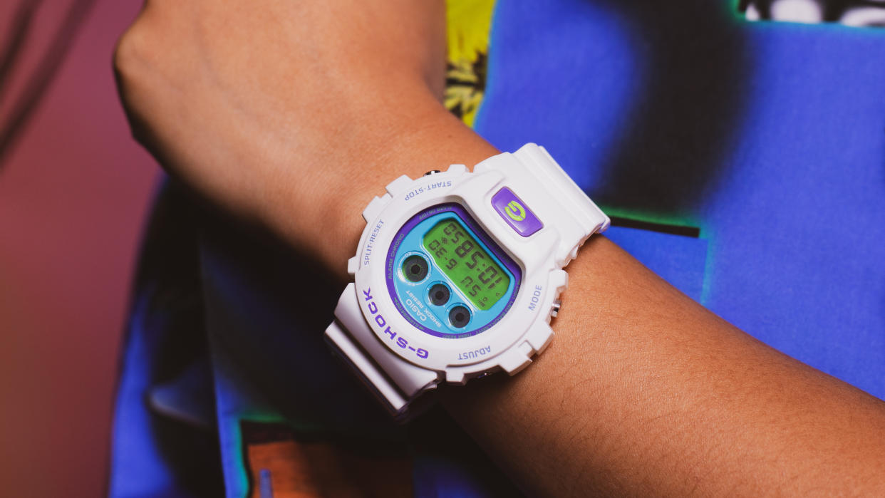  The Casio G-Shock crazy colour series worn on a wrist. 