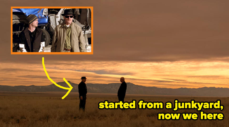 Walt faces off with a hitman in the middle of a vast, expansive field during sunset, and the captions says "started from a junkyard, now we here"