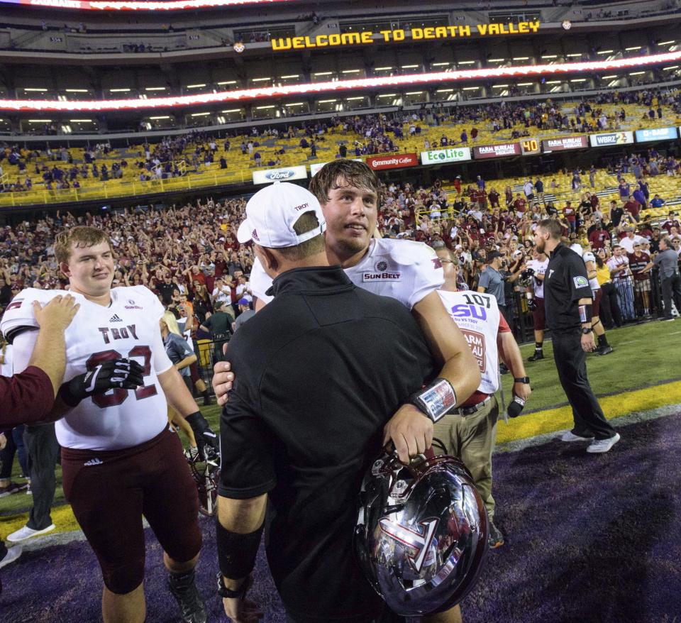 Quarterback Brandon Silvers got a memory of a lifetime in leading Troy to an upset of LSU last season. (AP) 