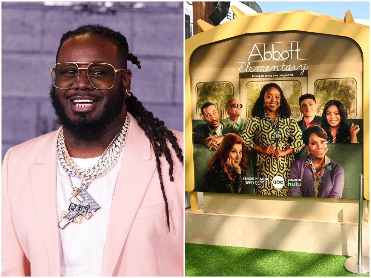 T-Pain in a pink suit jacket, glasses, and a chain; An "Abbott Elementary" school bus replica