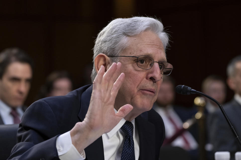 Attorney General Merrick Garland testifies as the Senate Judiciary Committee examines the Department of Justice, at the Capitol in Washington, Wednesday, March 1, 2023. (AP Photo/J. Scott Applewhite)