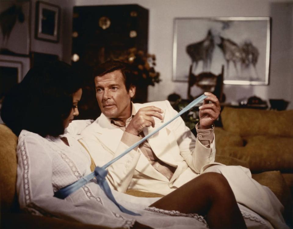 Emily Bolton and Roger Moore in 1979’s “Moonraker.”