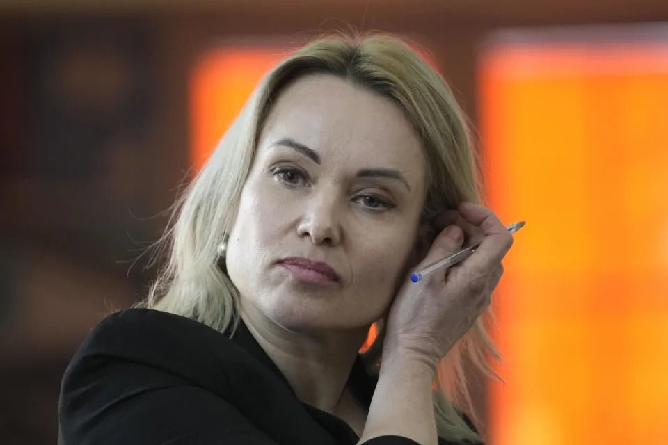 Former Russian state TV journalist Marina Ovsyannikova attends a press conference in Paris, France, Feb. 10, 2023. / Credit: Christophe Ena/AP