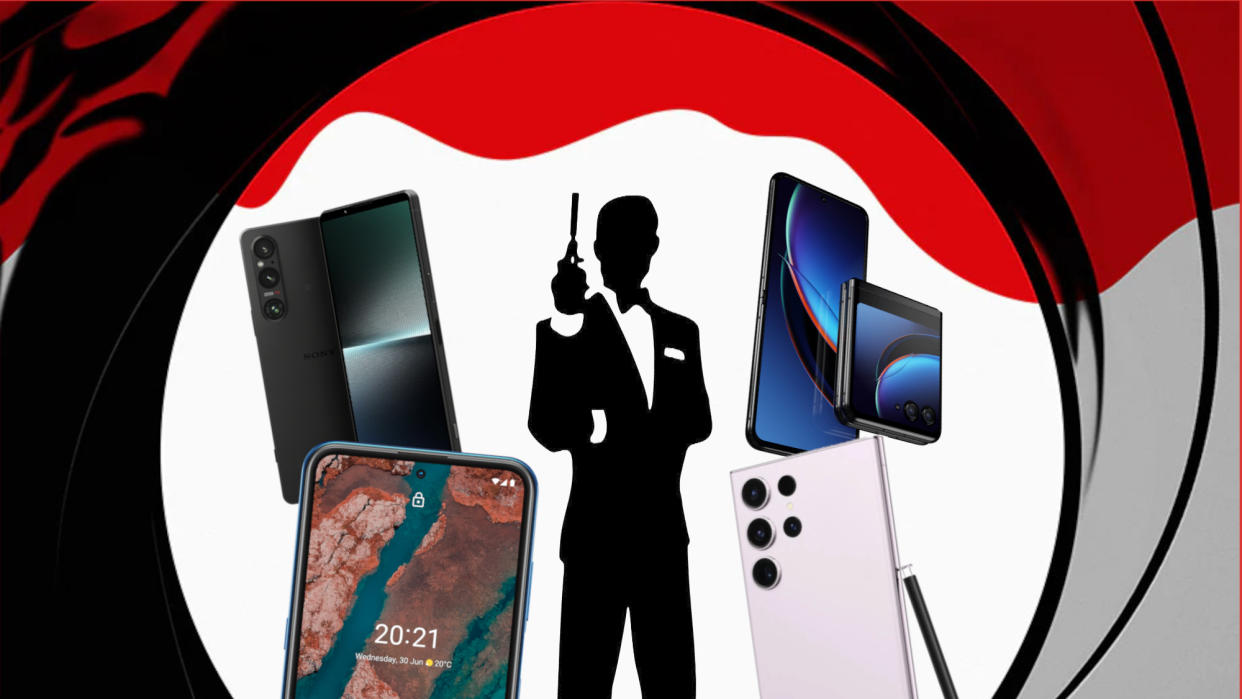  An image of the James Bond gun barrel with a selection of smartphones. 