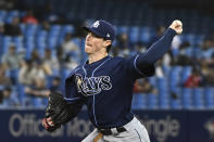 Tampa Bay Rays' Ryan Yarbrough pitches in the fourth inning of a baseball game against the Toronto Blue Jays in Toronto on Monday, Sept. 13, 2021. (Jon Blacker/The Canadian Press via AP)