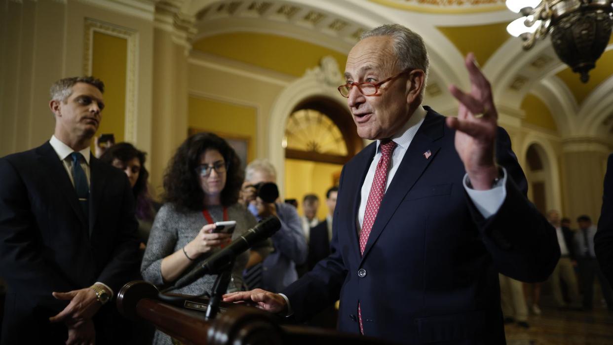 washington, dc september 12 senate majority leader charles schumer d ny talk to reporters following the weekly senate democratic policy luncheon meeting at the us capitol on september 12, 2023 in washington, dc schumer was asked about speaker of the house kevin mccarthys announcement of a formal impeachment inquiry into president joe biden photo by chip somodevillagetty images