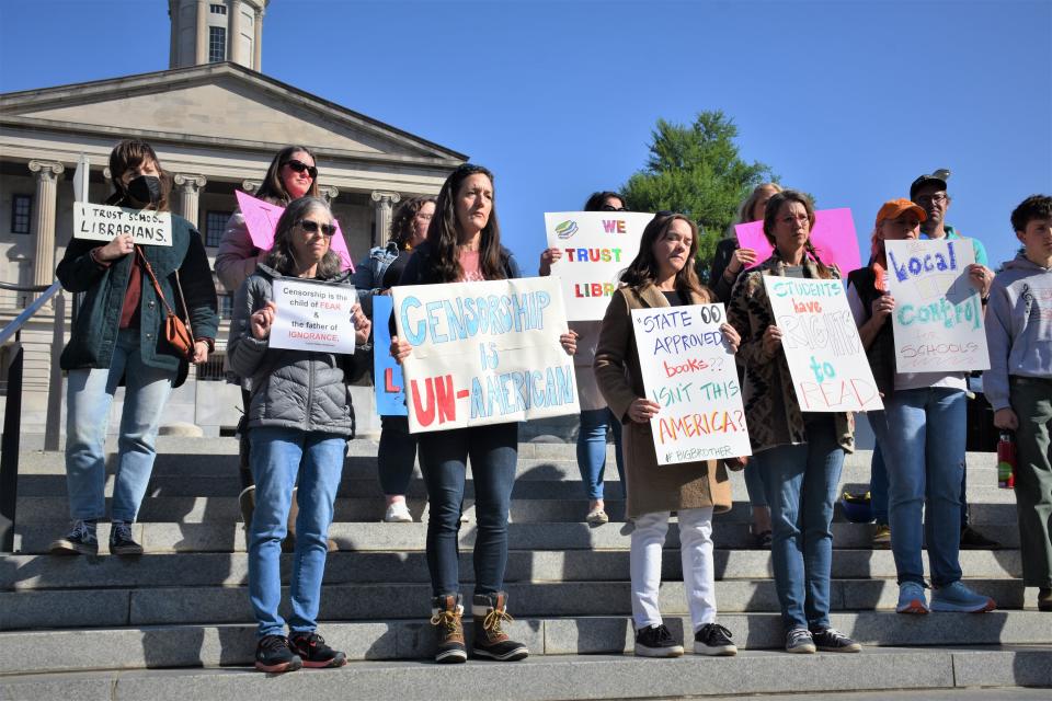 Protesters gathered at Legislative Plaza in downtown Nashville, Tenn. to advocate against a bill being considered by lawmakers concerning school libraries on April 27, 2022. A new amendment would require a state Textbook Commission to come up with a list of approved books for all public school libraries.