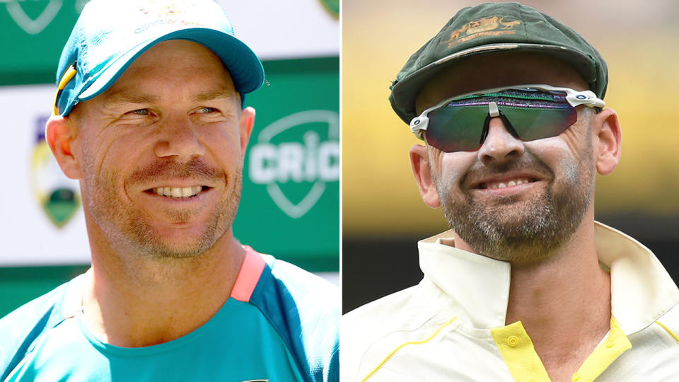 Pictured right is Aussie Test cricket star Nathan Lyon and teammate David Warner on the left.