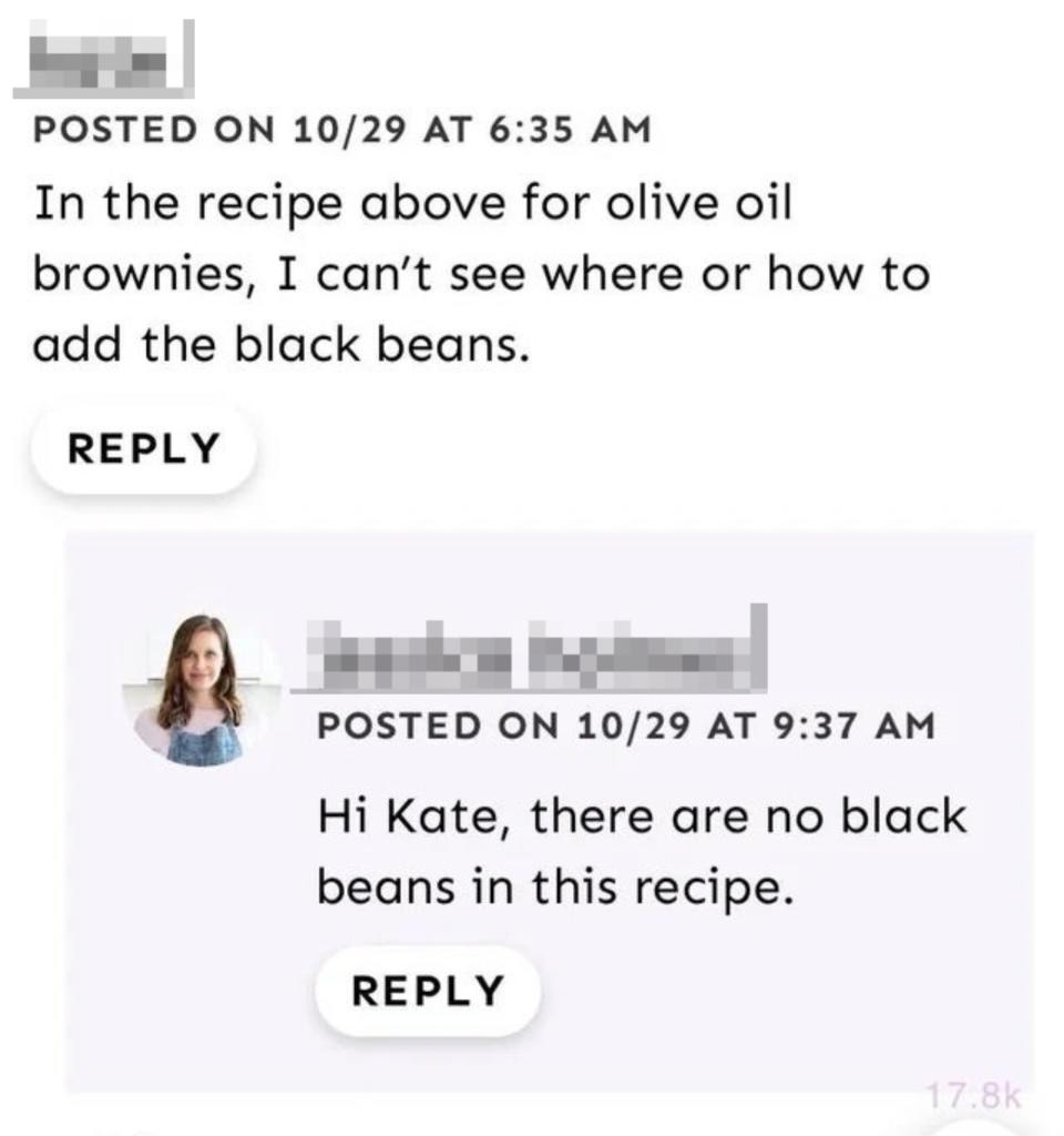 A recipe reviewer asking where and when to add the black beans in a brownie recipe