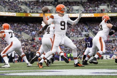 Dec 28, 2014; Baltimore, MD, USA; Cleveland Browns quarterback Connor Shaw (9) throws during the first quarter against the Baltimore Ravens at M&T Bank Stadium. Mandatory Credit: Tommy Gilligan-USA TODAY Sports