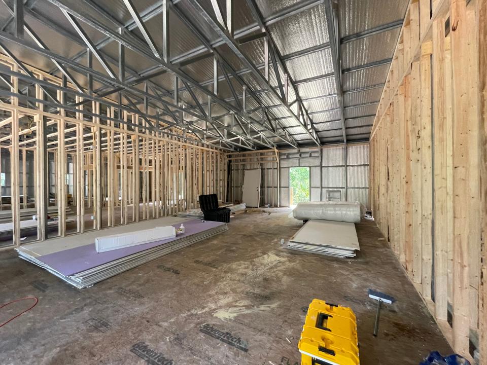 Inside the future home of Bald Head Island Academy, which was 
designed by architect Gordon Hall. Construction of the building is expected to be completed in time for the school to open at the end of August.