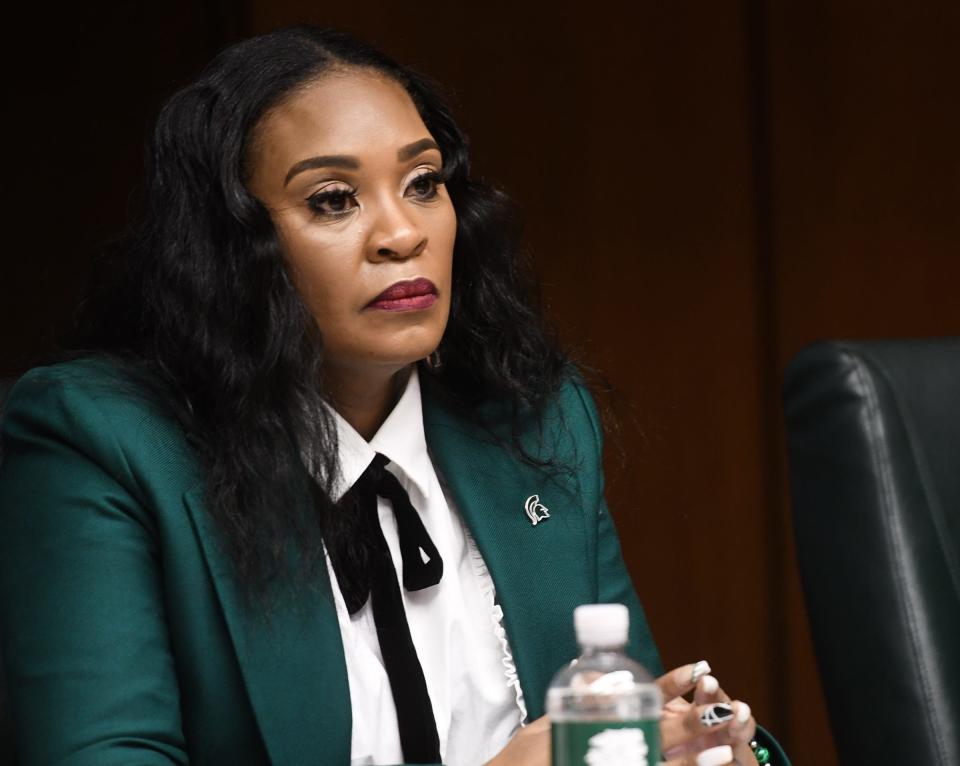 MSU board of Trustees Chair Rema Vassar, pictured Friday, April 21, 2023, during the Michigan State University Board of Trustees meeting at the Hannah Administration Building.