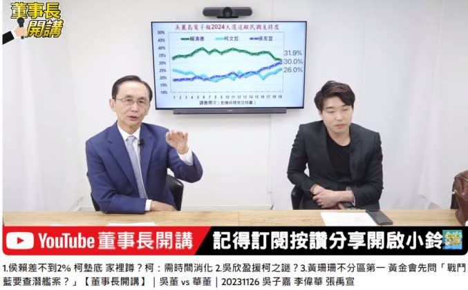 最新民調顯示，侯友宜與賴清德之間的差距僅剩不到2%。（圖／翻攝自《董事長開講》YT）