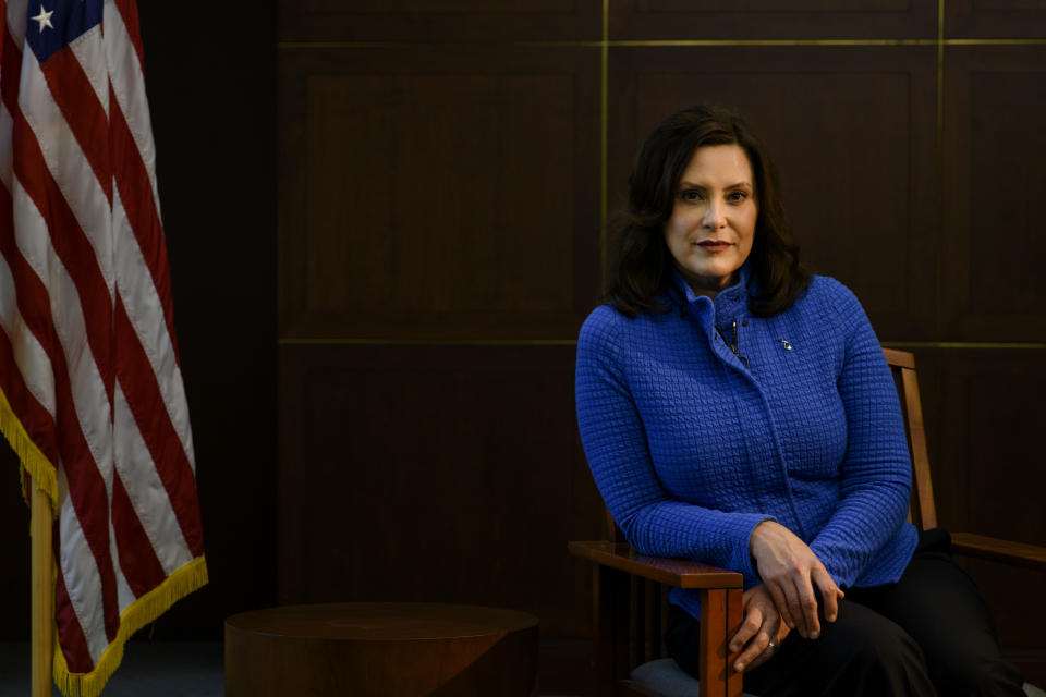LANSING, MICHIGAN - May 18, 2020: Michigan Governor Gretchen Whitmer at the Romney Building where her office is located in Lansing, Mich., on May 18, 2020. (Brittany Greeson for The Washington Post via Getty Images)