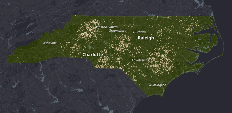 Poultry farms now dot most of North Carolina. The smallest farms raise about 20,000 chickens at a time. The largest: more than 1.5 million. This map, built from two datasets and verified with satellite imagery, may be the most accurate view yet published. It shows 4,679 farms in 79 counties.