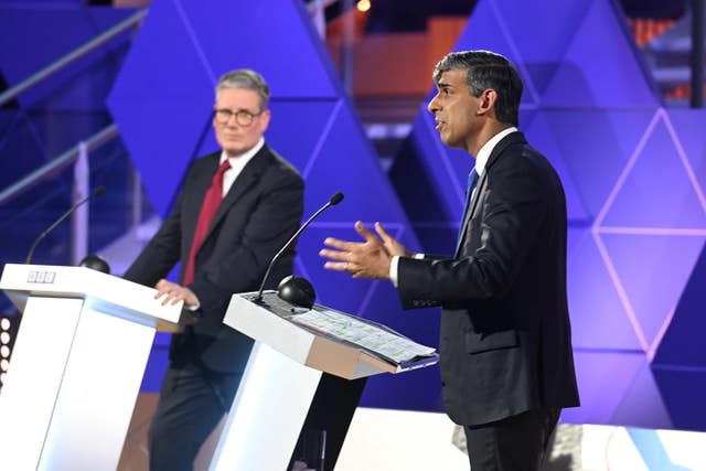 Photo distributed by the BBC of Prime Minister Rishi Sunak and Labor Party leader Sir Keir Starmer during their face-to-face debate with the BBC in Nottingham