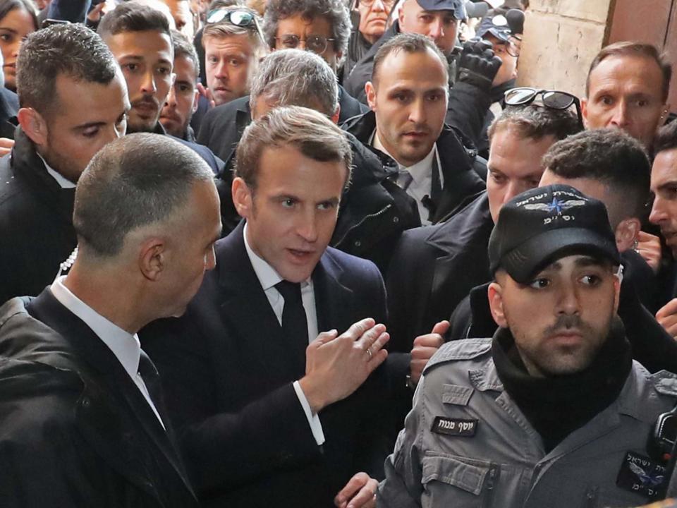 Emmanuel Macron asks the Israeli police to leave the 12th-century Church of Saint Anne in the old city of Jerusalem: AFP via Getty Images