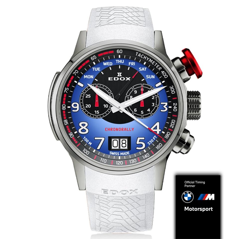 ▲EDOX 全球限量 Chronorally BMW M MOTOSPORT 官方計時賽車石英錶 E38001.TINR.BUDN，藍色錶面配色細節與BMW M色彩相呼應。（圖片來源：Yahoo購物中心）