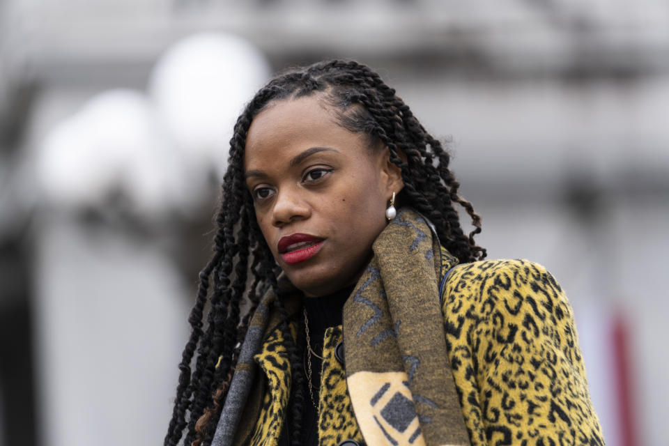 FILE - Rep. Summer Lee, D-Pa., arrives for Democratic Gov. Josh Shapiro's Inauguration, Jan. 17, 2023, at the state Capitol in Harrisburg, Pa. (AP Photo/Matt Rourke, File)