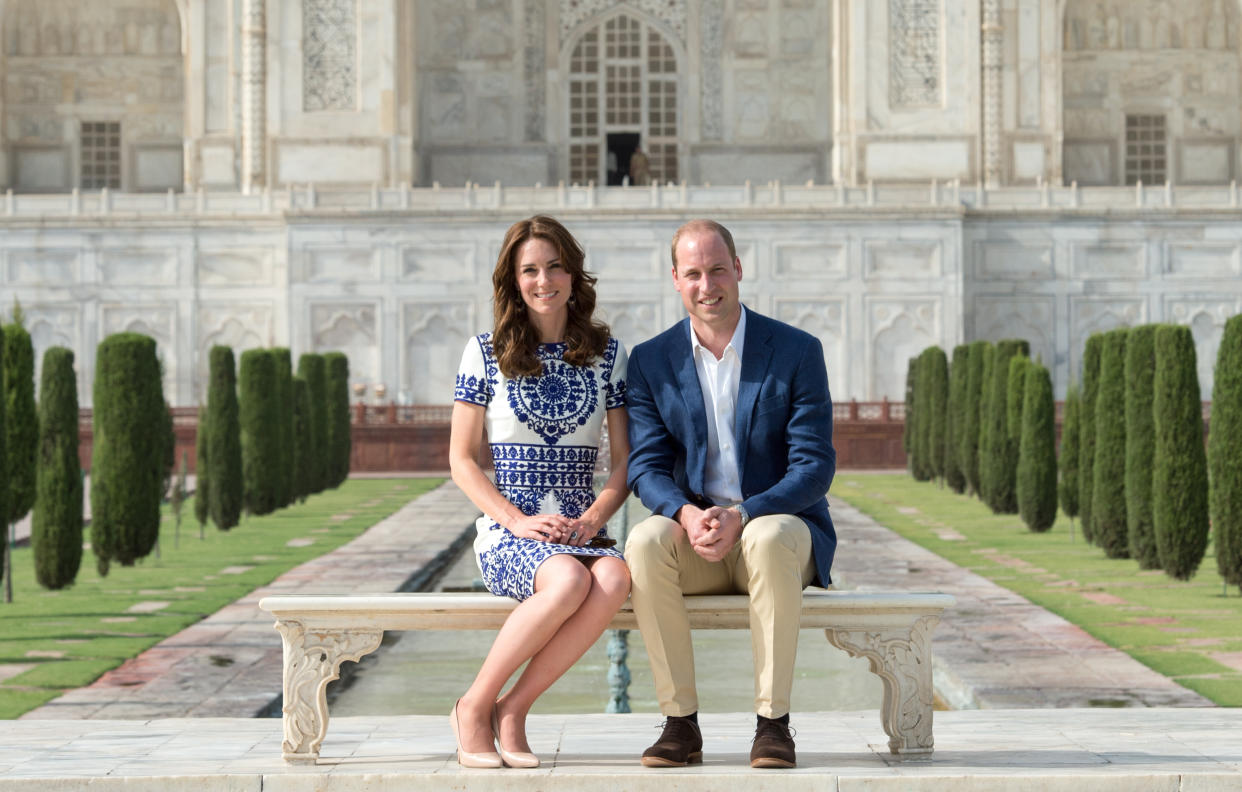 Prince William, Duke of Cambridge and Catherine, Duchess of Cambridge visit the Taj Mahal in Agra, India on April 16, 2016.