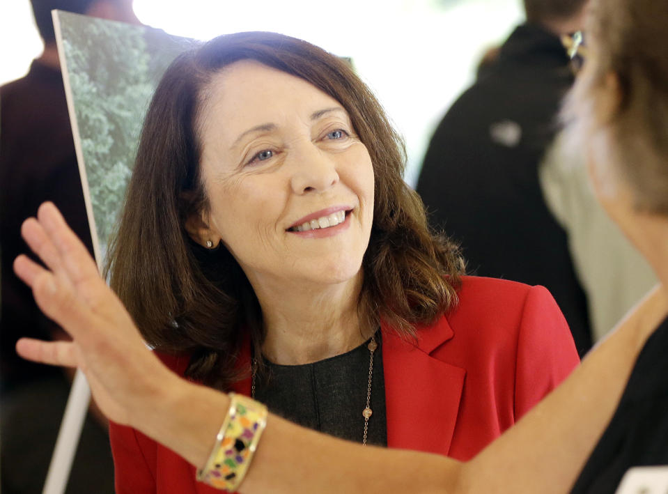 In this Monday, Sept. 10, 2018 photo, Washington U.S. Sen. Maria Cantwell is shown at a gathering in Vancouver, Wash. Democratic incumbent Cantwell has easily won re-election for U.S. Senate in Washington state in previous years but as she seeks her fourth-term this November, she is facing her most recognizable opponent, Republican Susan Hutchison. (AP Photo/Don Ryan)