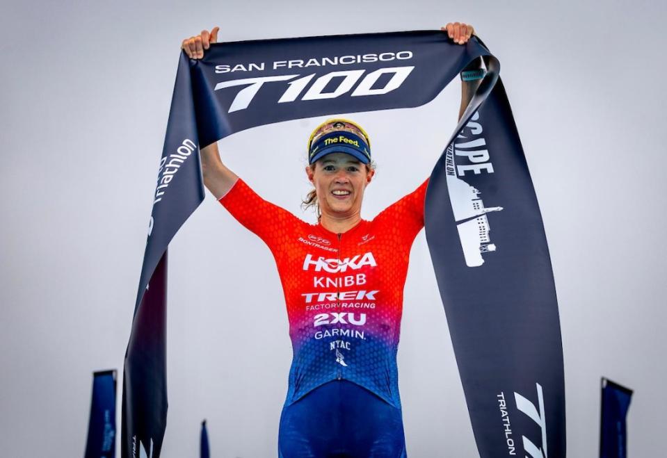 Taylor Knibb won the women's elite race at the San Francisco T100 triathlon (Image: T100 Tour)