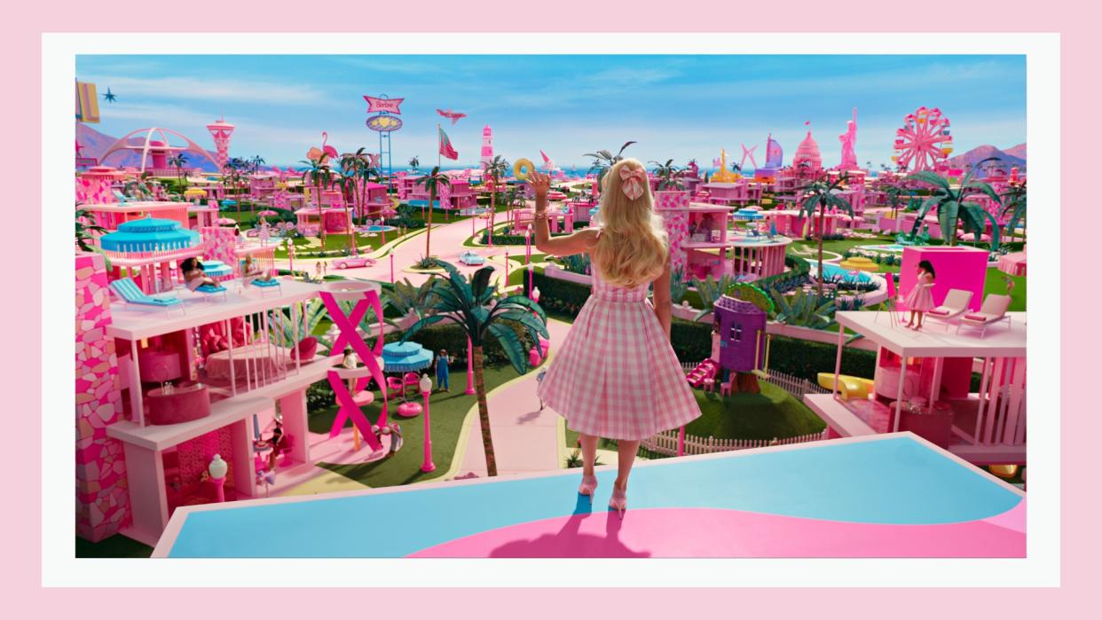  MARGOT ROBBIE as Barbie in Warner Bros. Pictures’ “BARBIE,” in a pink template 