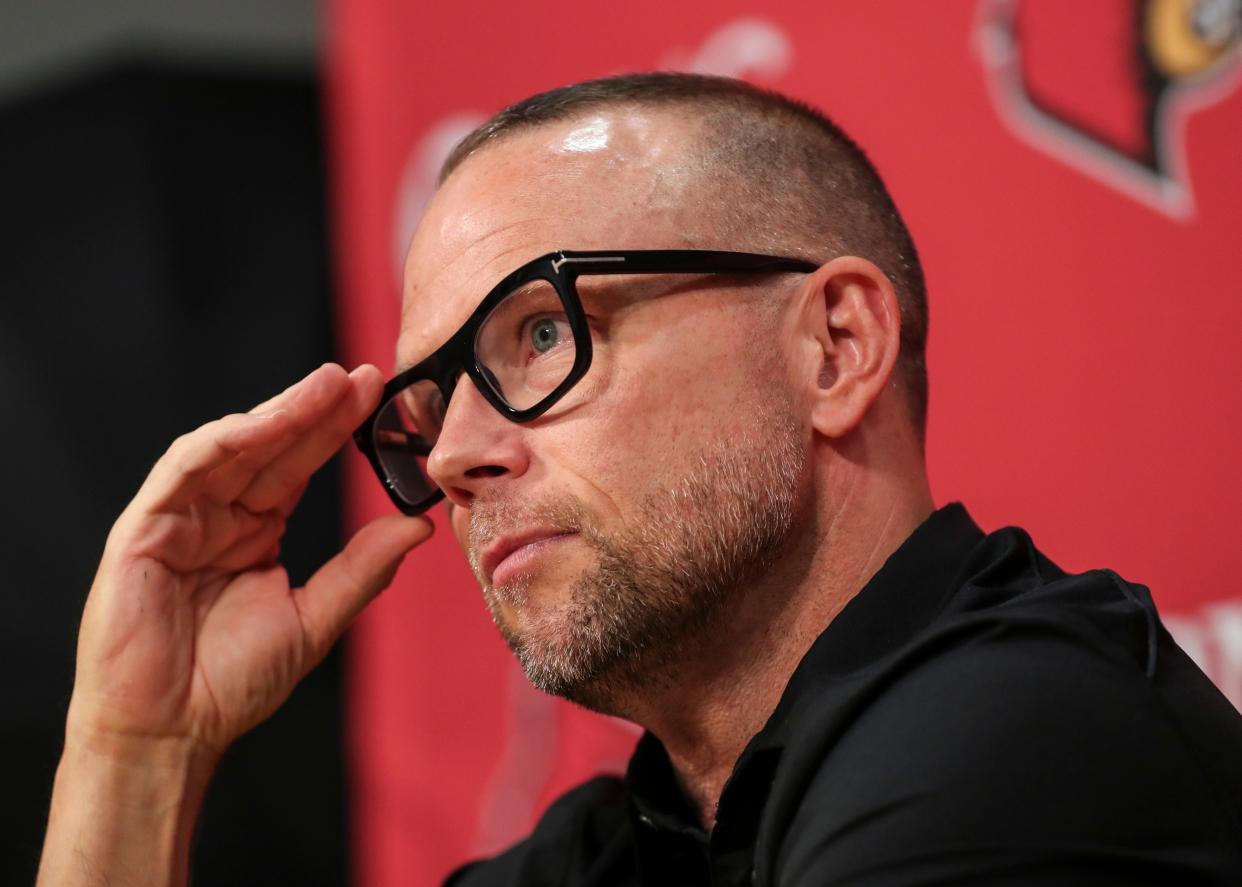 Louisville men's head basketball coach Pat Kelsey updates the media about the program during a press conference June 27, 2024 in Louisville, Kentucky.