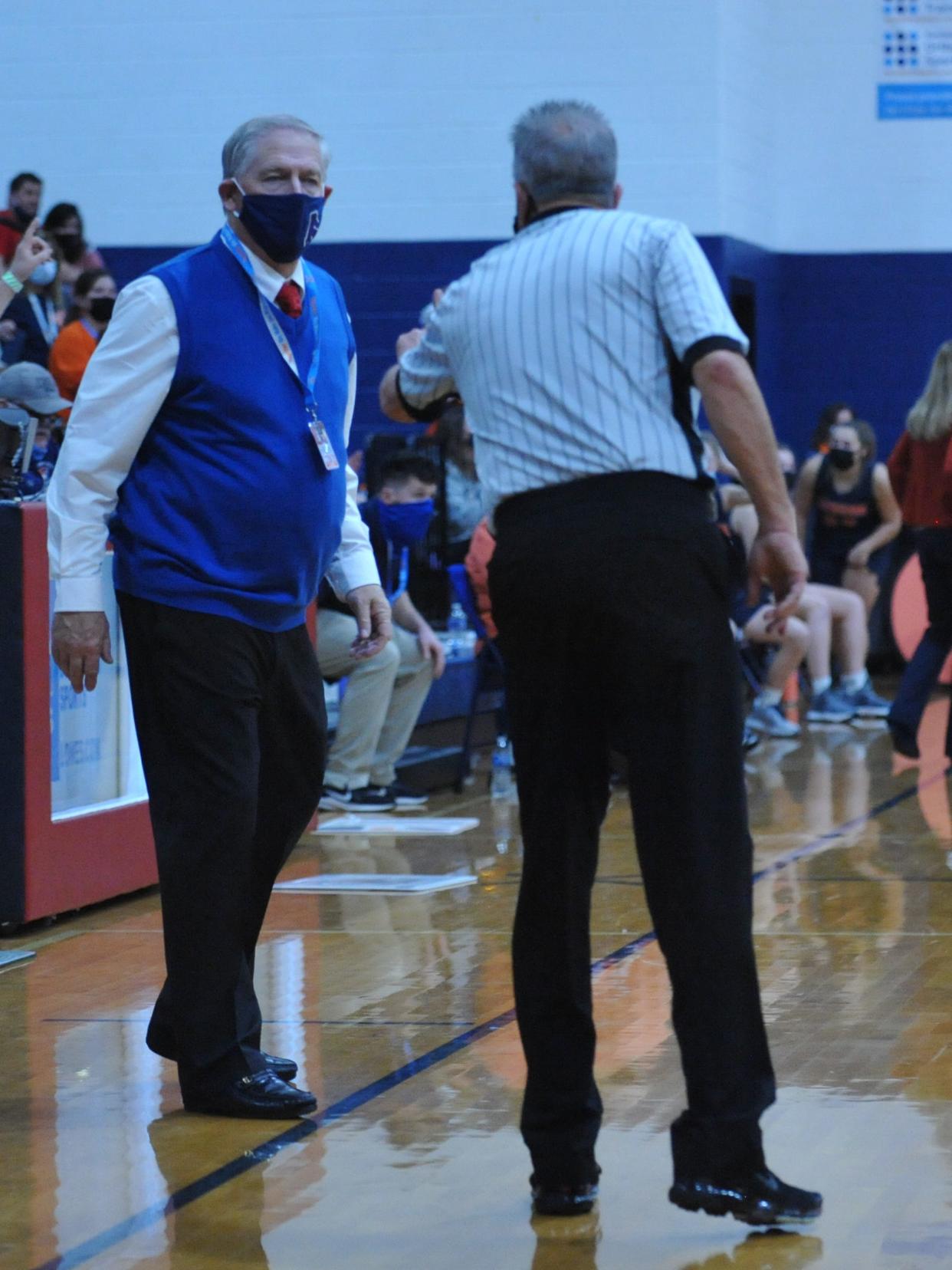 Asheboro coach Don Corry talks to an official during last season's 3-A state championship game. [Mike Duprez/Courier-Tribune]