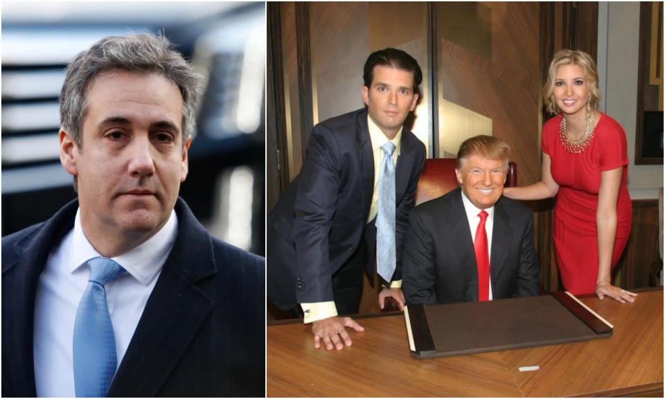 Michael Cohen (L), Donald Trump with his children Donald Jr. and Ivanka (R).