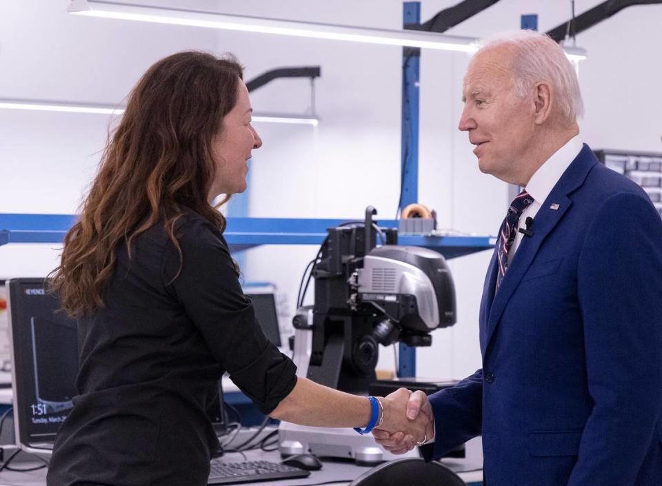 President Joe Biden greets Wolfspeed CTO Elif Balkas during a visit to Durham, N.C. on Tuesday, March 28, 2023.