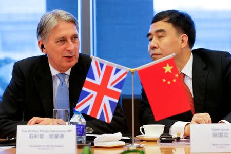 Chancellor of the Exchequer, Philip Hammond (L) and Bank of China Chairman Tian Guoli attend UK-China High Level Financial Services Roundtable at the Bank of China head office building in Beijing, China July 22, 2016. REUTERS/Damir Sagolj