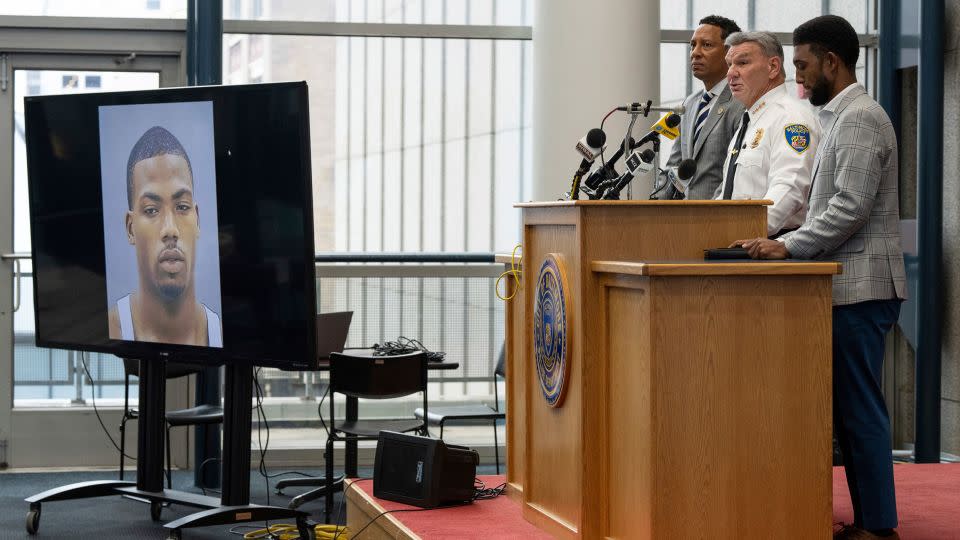 Baltimore State's Attorney Ivan J. Bates, left, Police Commissioner Rich Worley, center, and Mayor Brandon Scott appear at a Tuesday news conference about the investigation of Pava LaPere's death. - Kylie Cooper/The Baltimore Banner/AP