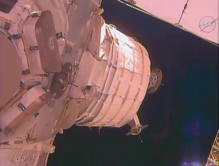 The unexpanded Bigelow Expandable Activity Module (BEAM) is seen attached to the Tranquility module on the International Space Station in this still image taken from NASA TV May 26, 2016. NASA called off an attempt to inflate an experimental habitat attached to the International Space Station after the fabric module failed to expand as planned on Thursday. NASA TV/Handout via Reuters
