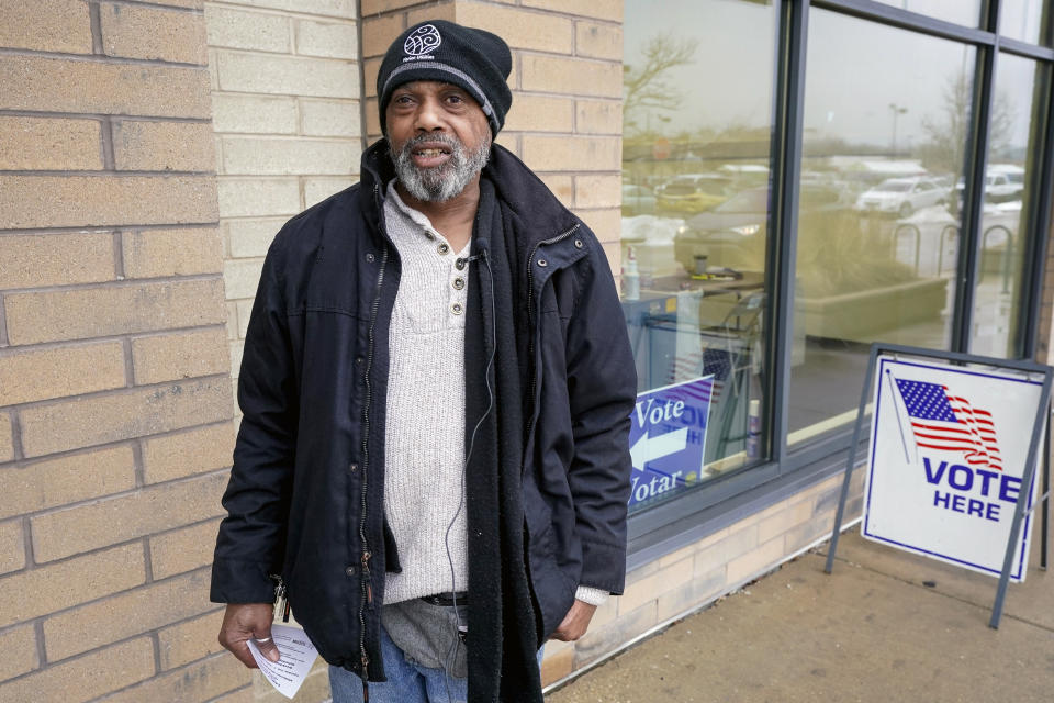 Andre Childs talks about voting after casting an early ballot at a polling station Thursday, Feb. 9, 2023, in Milwaukee. Recent revelations about Republican election strategies targeting minority communities in Wisconsin’s biggest city came as no surprise to many Black voters. For years, voting rights advocates have accused Wisconsin Republicans of pushing policies to suppress voters of color and lower-income voters. Many of those policies centered on the Democratic stronghold of Milwaukee. (AP Photo/Morry Gash)