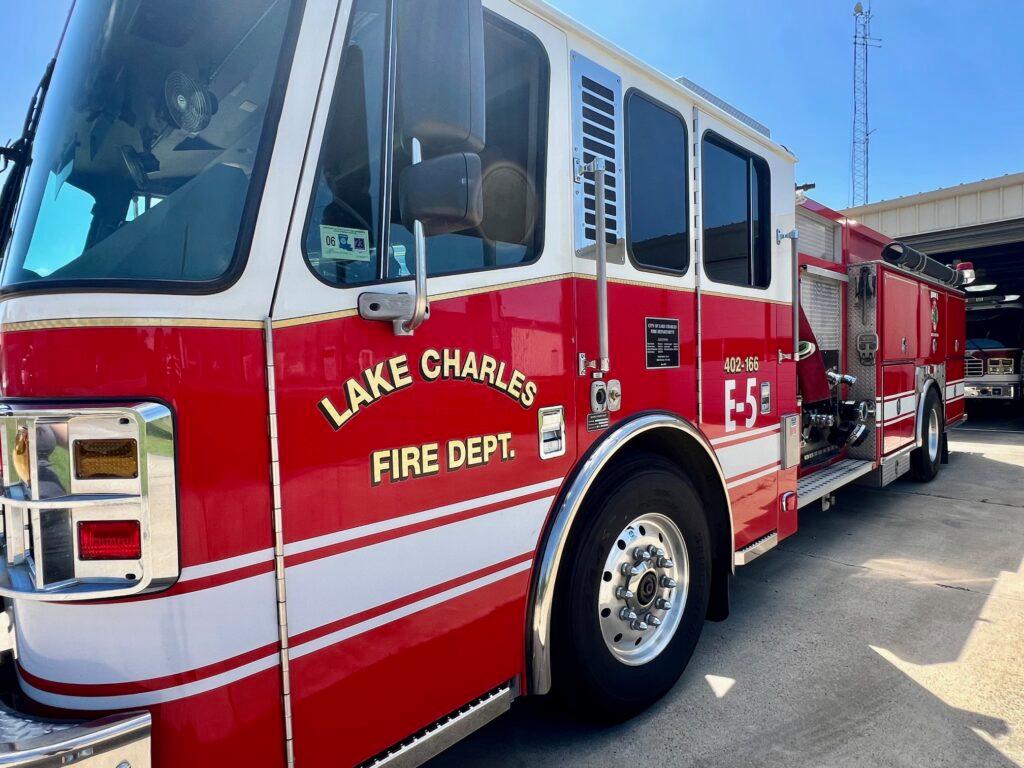 A fire engine is parked outside a fire station in Lake Charles.