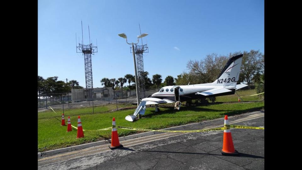 The impact of the crash into the pole broke the left wing, officers said.