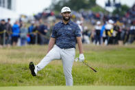 Spain's Jon Rahm reacts to his putt on the 15th green during the third day of the British Open Golf Championships at the Royal Liverpool Golf Club in Hoylake, England, Saturday, July 22, 2023. (AP Photo/Jon Super)