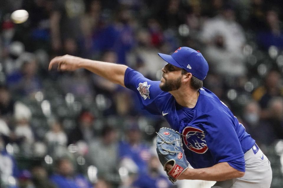 Chicago Cubs relief pitcher Ryan Tepera throws during the fifth inning of a baseball game against the Milwaukee Brewers Tuesday, April 13, 2021, in Milwaukee. (AP Photo/Morry Gash)
