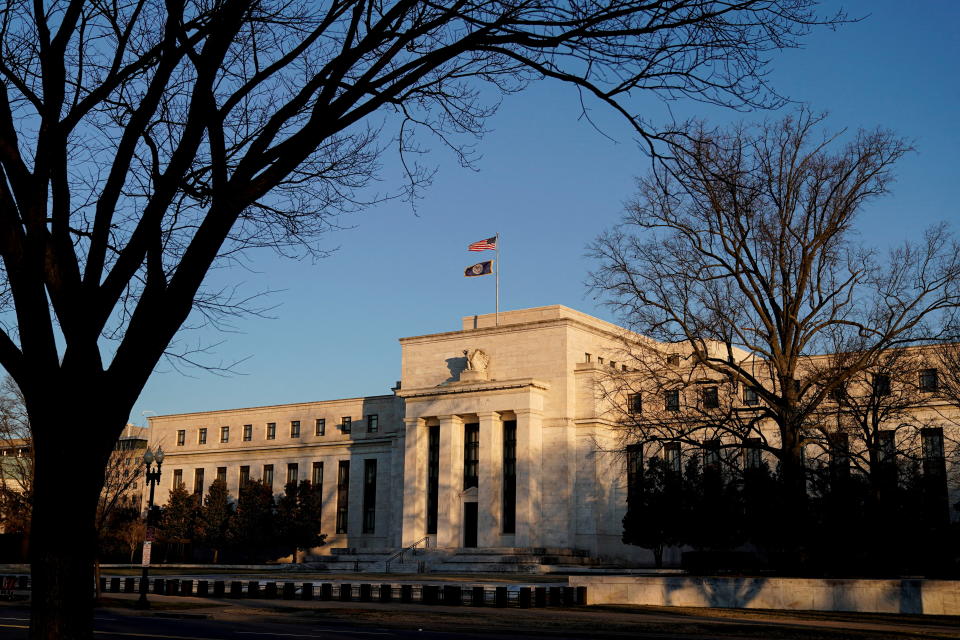 The Federal Reserve building is seen before the Federal Reserve board is expected to signal plans to raise interest rates in March as it focuses on fighting inflation in Washington, U.S., January 26, 2022. REUTERS/Joshua Roberts