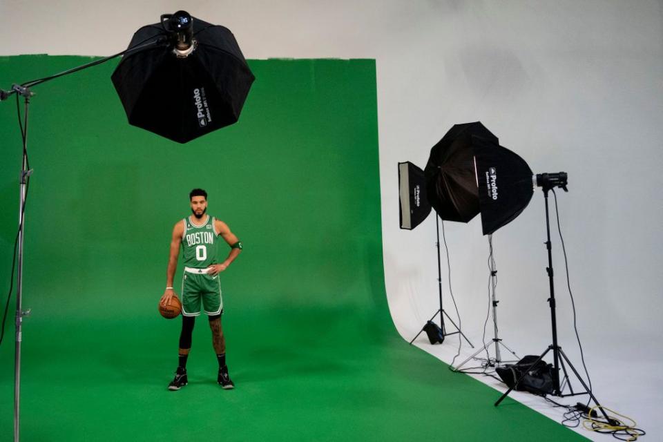 CANTON, MA - SEPTEMBER 26: Jayson Tatum #0 of the Boston Celtics poses for photos during Boston Celtics Media Day at High Output Studios on September 26, 2022 in Canton, Massachusetts. NOTE TO USER: User expressly acknowledges and agrees that, by downloading and/or using this photograph, user is consenting to the terms and conditions of the Getty Images License Agreement. (Photo by Maddie Malhotra/Getty Images)