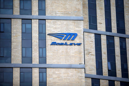 The logo of Israeli driverless technology firm Mobileye is seen on their office building in Jerusalem March 13, 2017. REUTERS/Ronen Zvulun