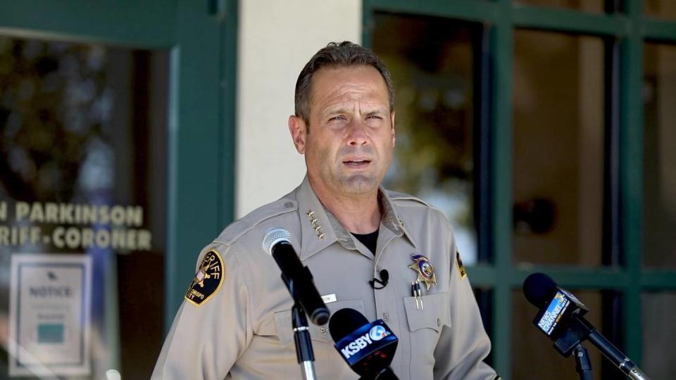 SLO County Sheriff Ian Parkinson gives a news conference Thursday in Templeton about the shooting incident that left a white supremacist gang member dead and injured a deputy.