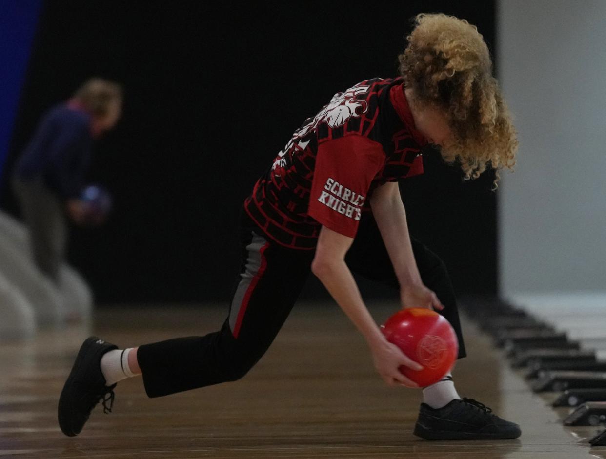 Josh Estrin of Morris Hills bowls in a Morris County Tournament semifinal at Rockaway Lanes in Rockaway, NJ on January 26, 2023.