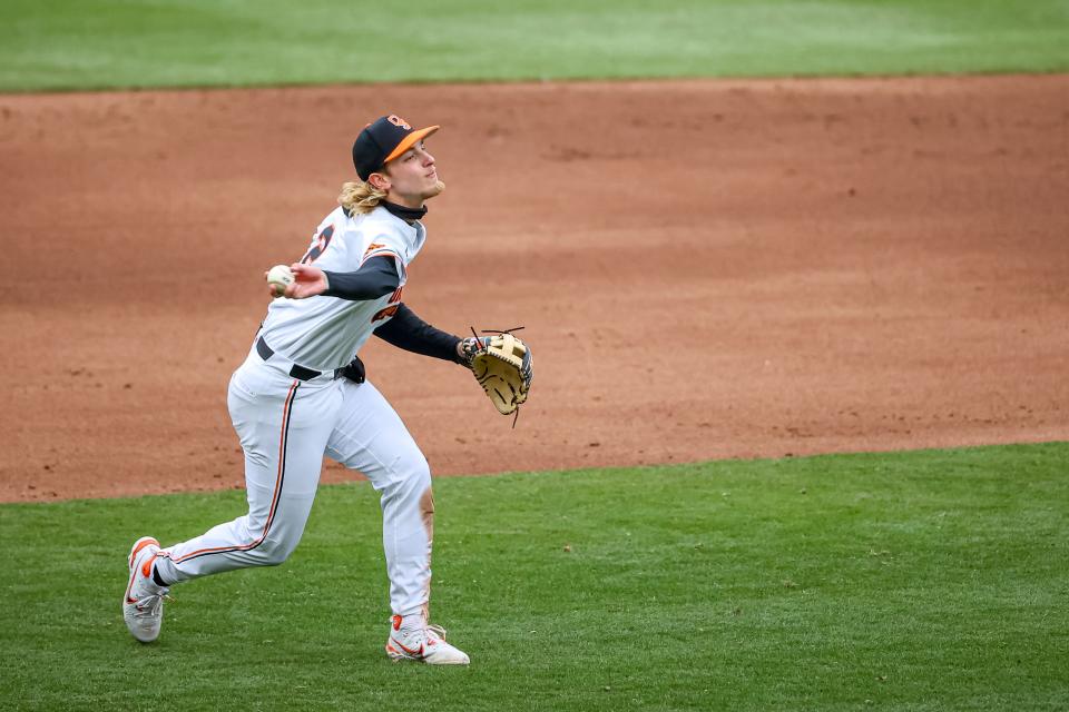 Oklahoma State's Aidan Meola throws after fielding a ball against Loyola Marymount at O’Brate Stadium in Stillwater on Saturday.