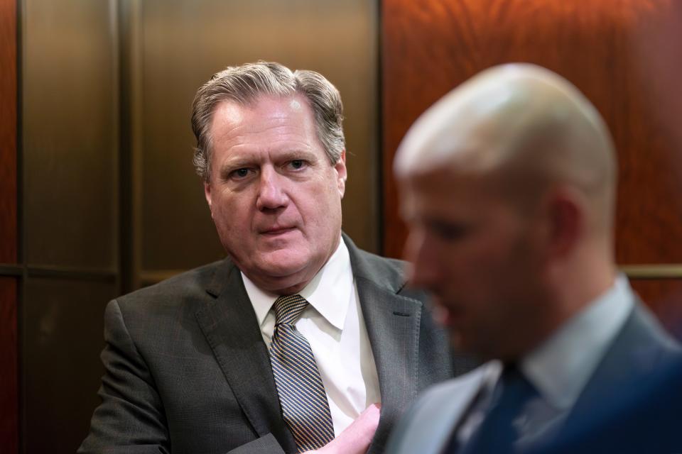 House Intelligence Chair Mike Turner, R-Ohio, steps into an elevator after leaving a secure facility in the basement of the Capitol in Washington, Thursday, Feb. 15, 2024.