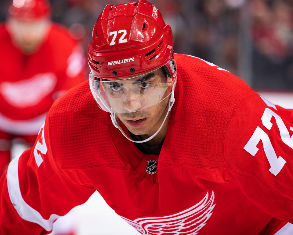 DETROIT, MI - FEBRUARY 18: Andreas Athanasiou #72 of the Detroit Red Wings gets set for the face-off against the Montreal Canadiens during an NHL game at Little Caesars Arena on February 18, 2020 in Detroit, Michigan. The Wings defeated the Canadiens 4-3. (Photo by Dave Reginek/NHLI via Getty Images)