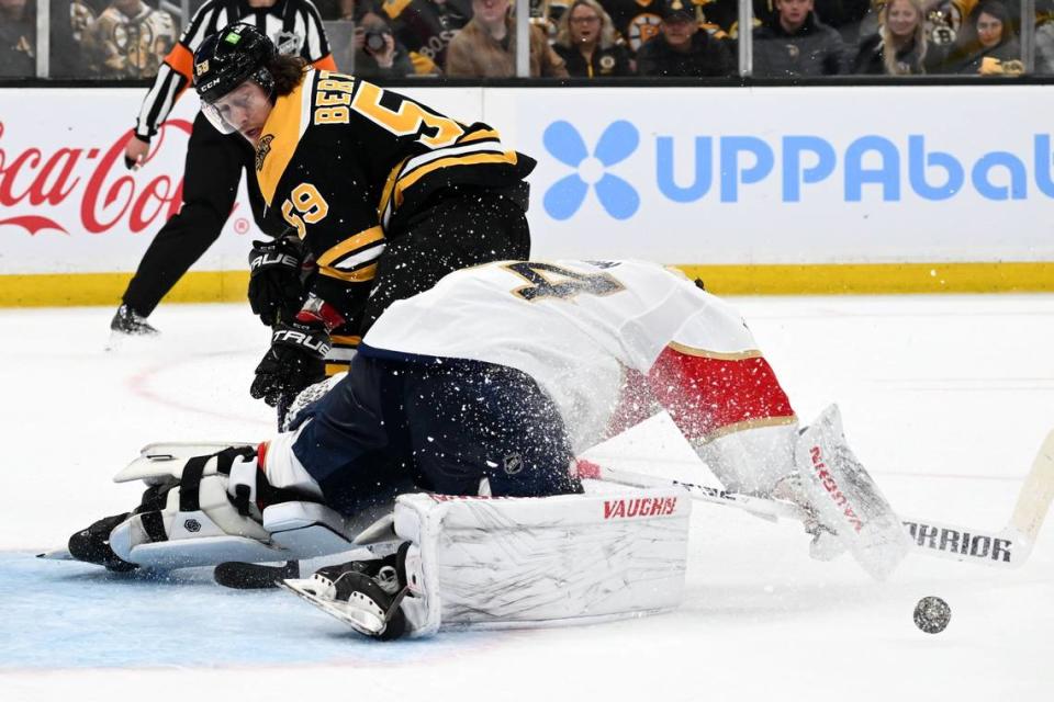 Apr 17, 2023; Boston, Massachusetts, USA; Florida Panthers goaltender Alex Lyon (34) makes a save on a shot from Boston Bruins left wing Tyler Bertuzzi (59) during the first period of game one of the first round of the 2023 Stanley Cup Playoffs at TD Garden. Mandatory Credit: Brian Fluharty-USA TODAY Sports