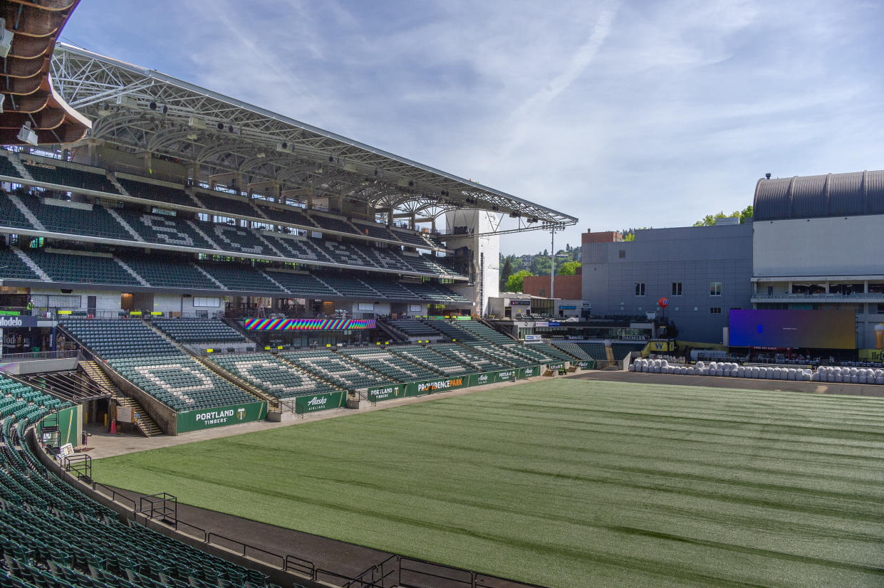 PORTLAND, OR - MAY 7, 2019: Portland Timbers organized a hard hat tour of Providence Park to show the progress of the stadium addition that will add about 4,000 new spectators at a cost of US $85 M at Providence Park in Portland, OR. (Photo by Diego G Diaz/Icon Sportswire via Getty Images).